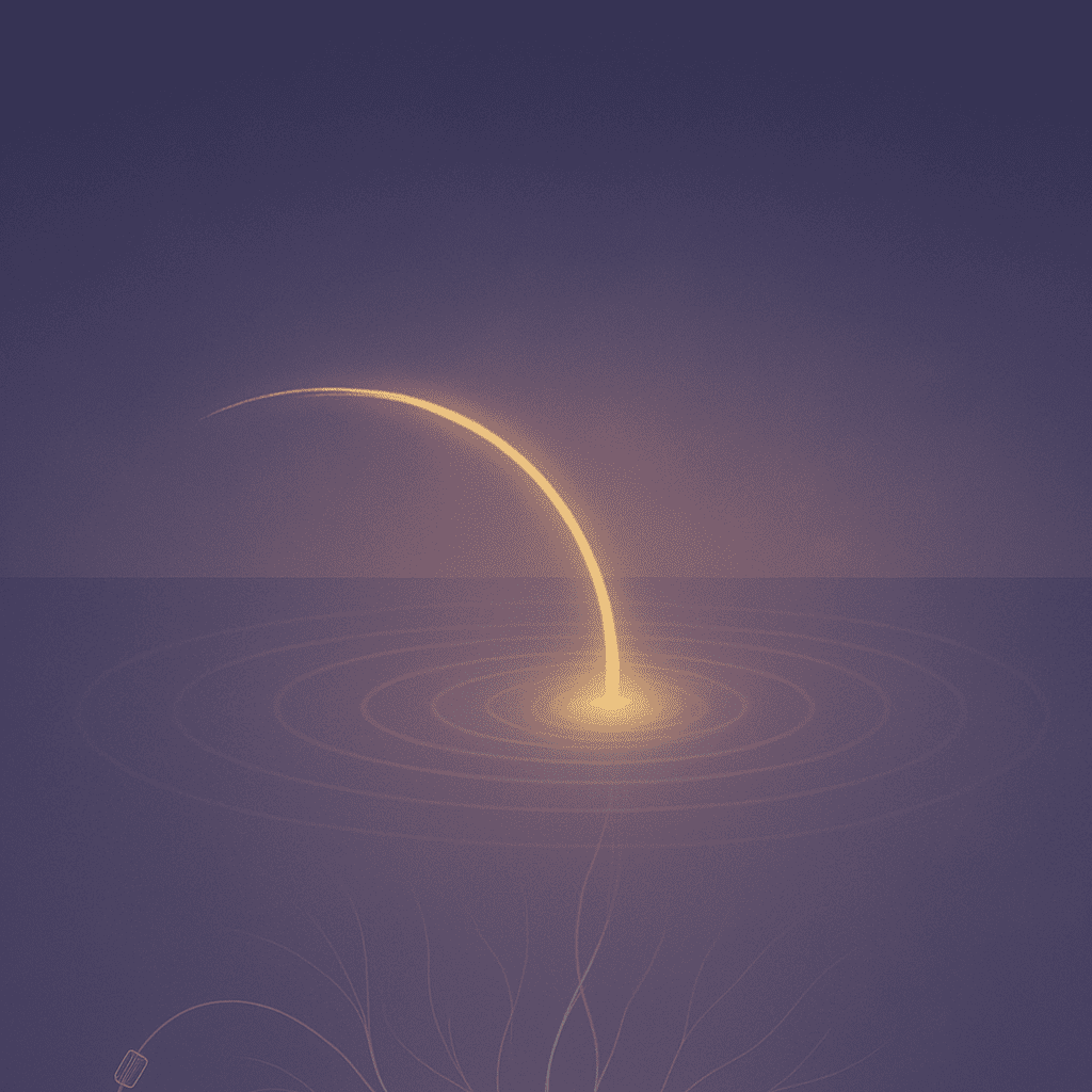 A golden light arcing into calm violet water, sending gentle ripples outward
